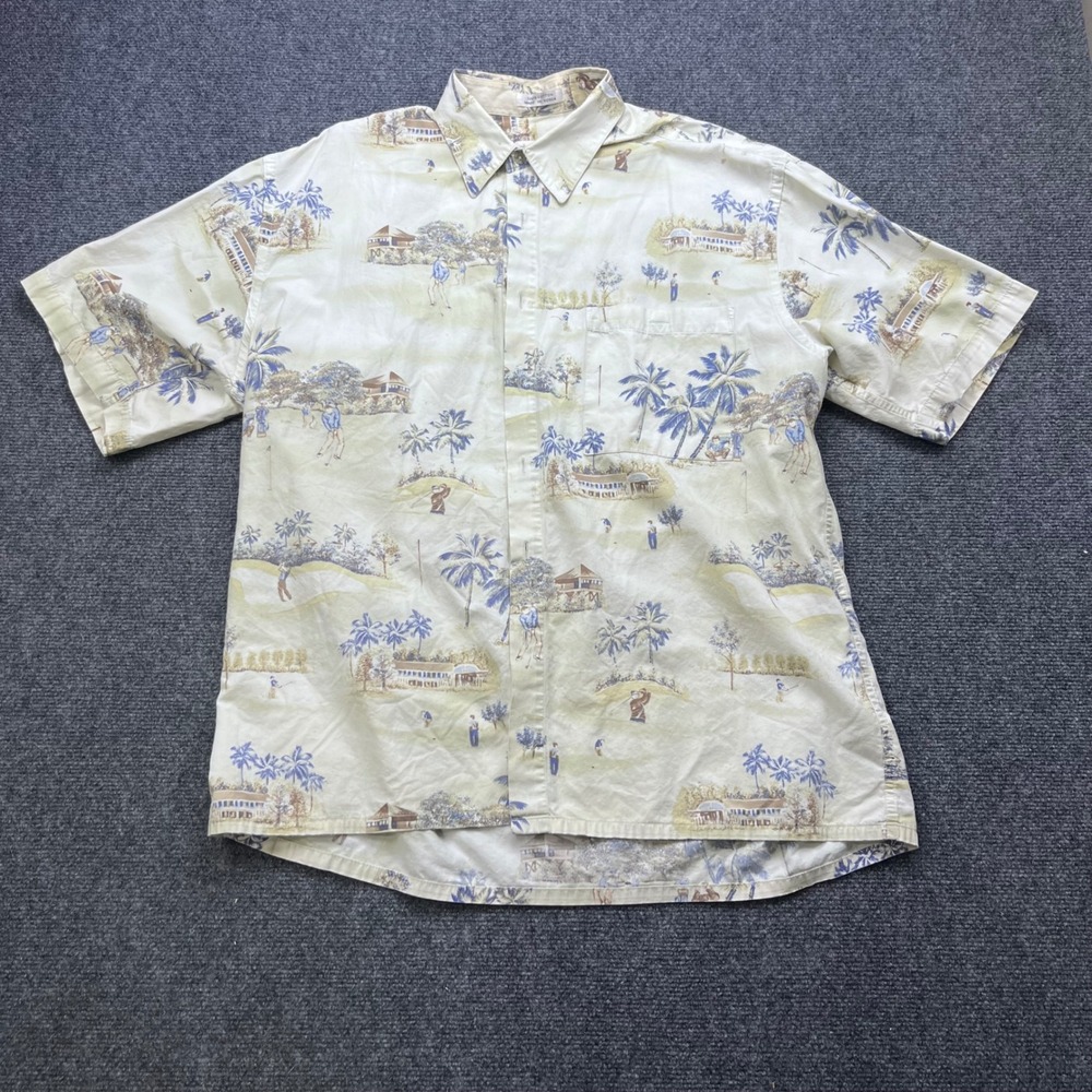 Pierre Cardin Vintage Golf Tropical Print Cream Button Front‎ Short Sleeve Shirt